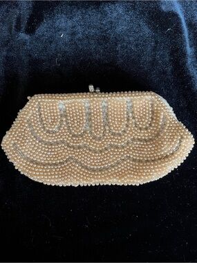 Vintage Japan Silver Beaded & Pearl Clutch Evening Wedding Purse 60s